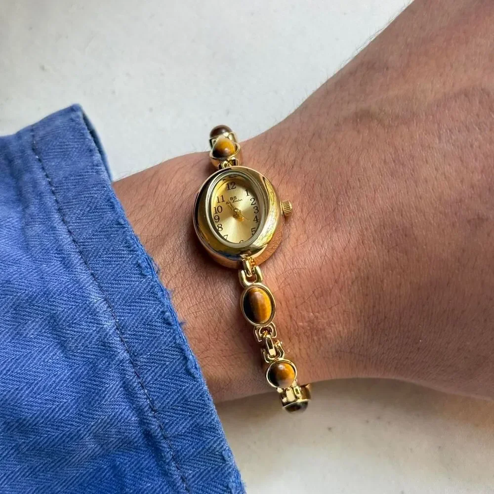 y2k cute gold round stainless steel quartz brown stone charm watch